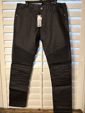 Black Keys BKYS Men's Moto Biker Jeans Size 38x32 Jet Black Waxed Ribbed Knee